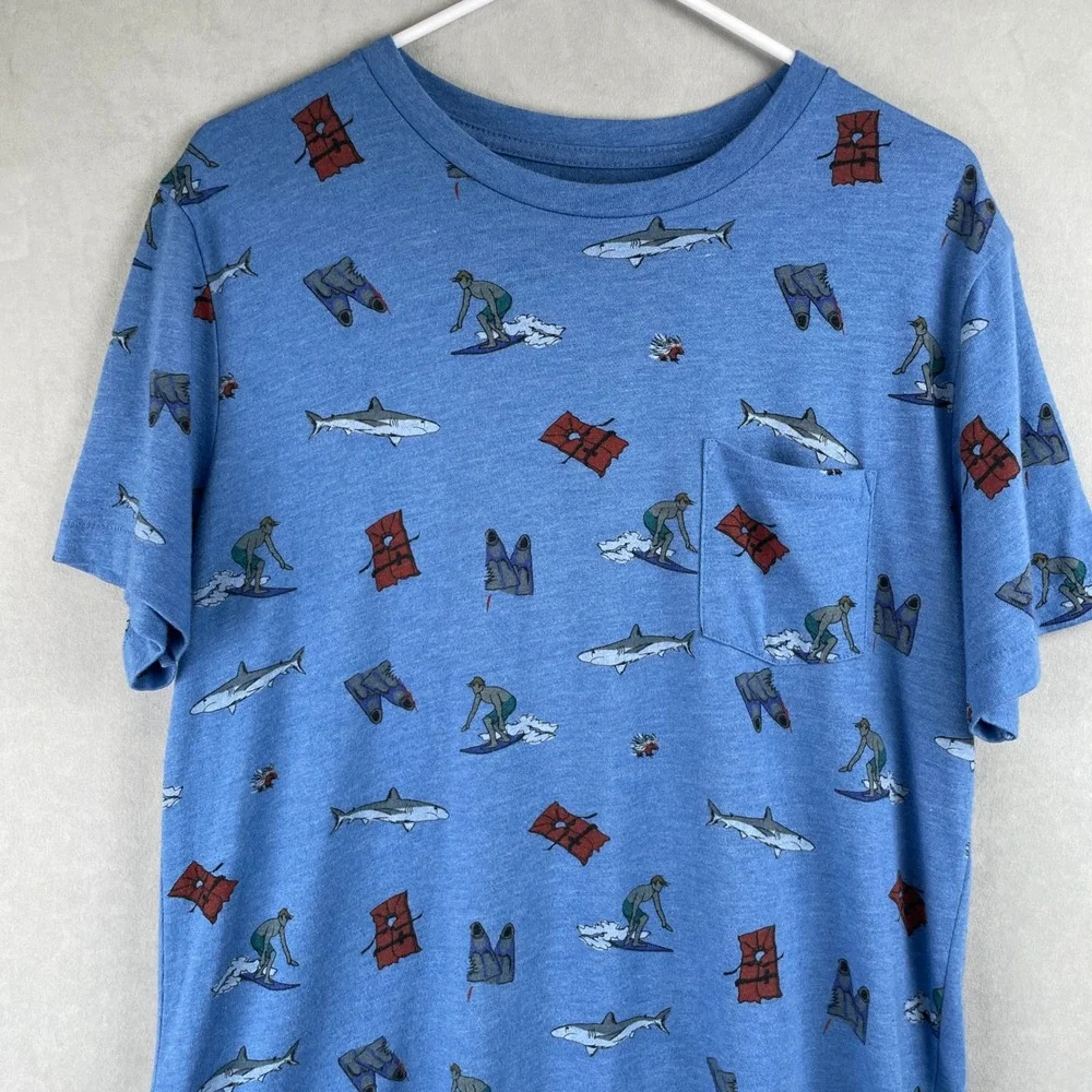Character Hero Surf Shark Lifeguard Beach Graphic T Shirt Blue Cotton USA Made L